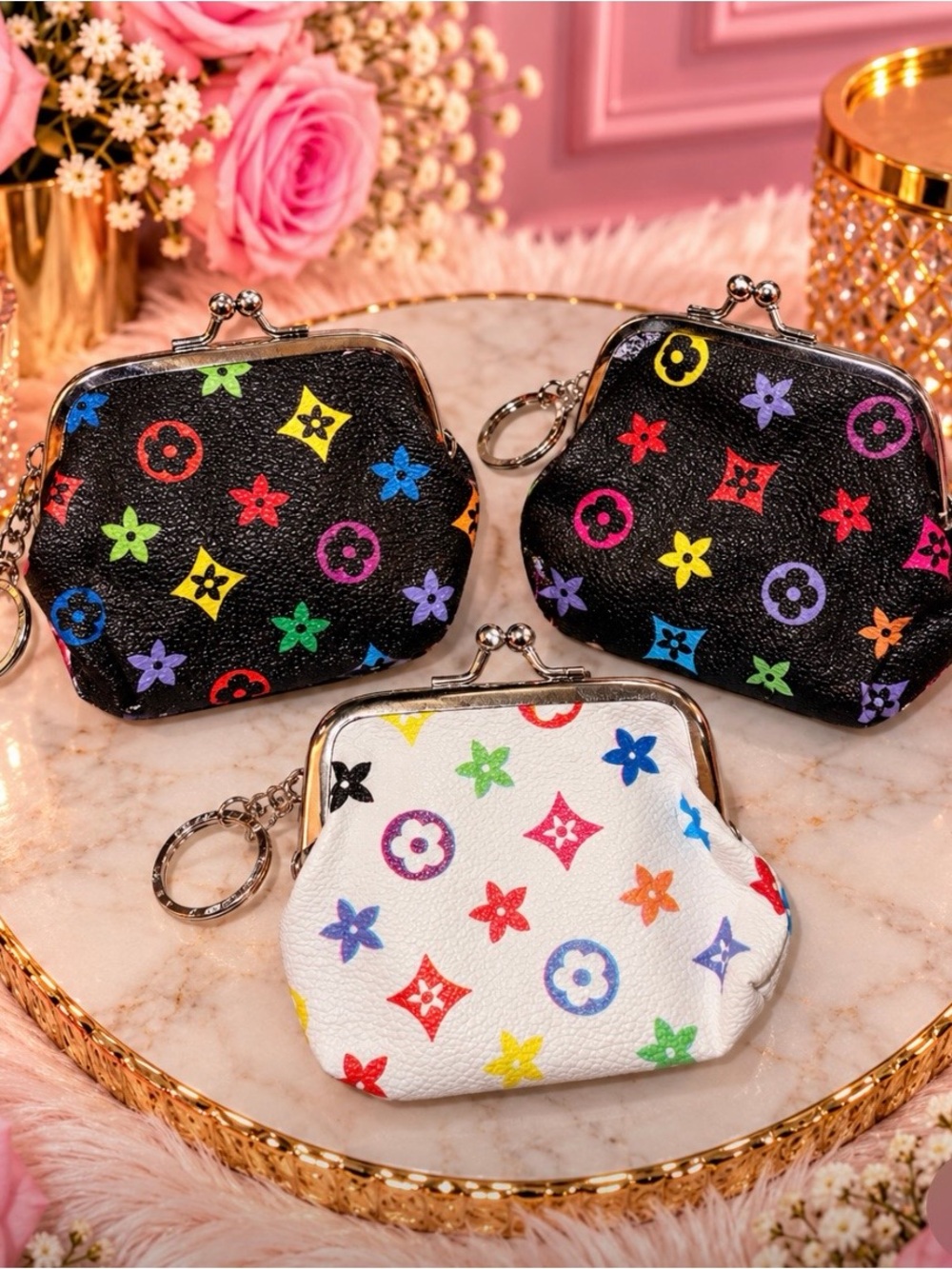 Multicolor Patterned Coin Purse Keychain - Women Bags